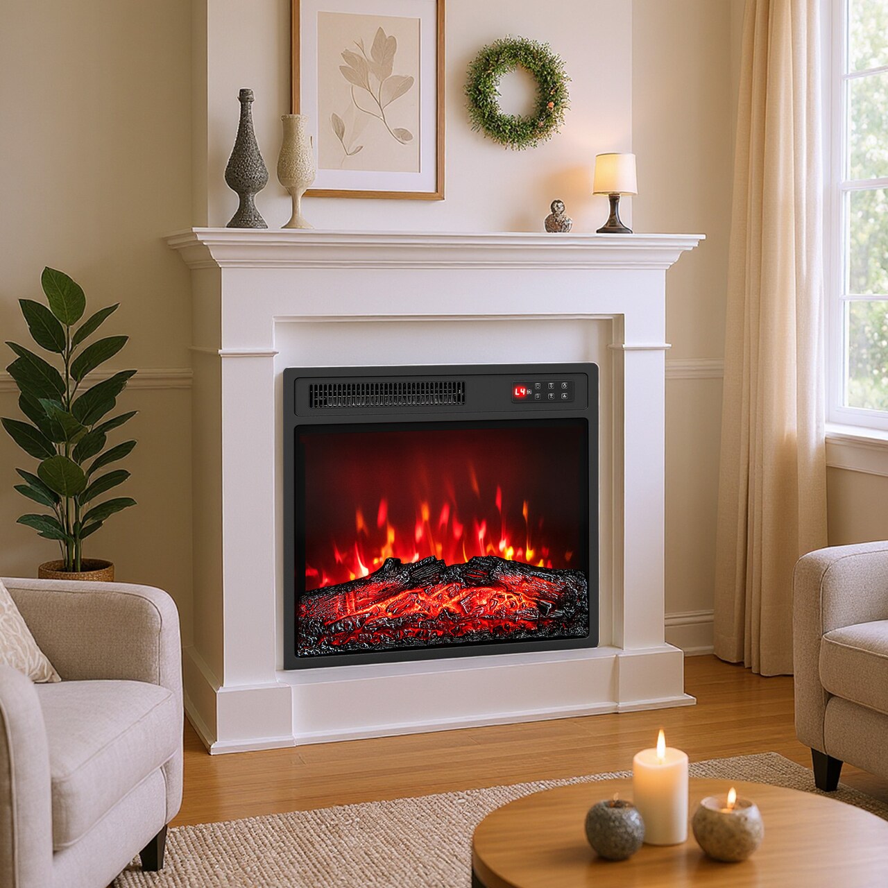 Small Electric Fireplace Heater for 400 sq.ft, 7 Flame Modes, 5-Level Brightness Included Remote